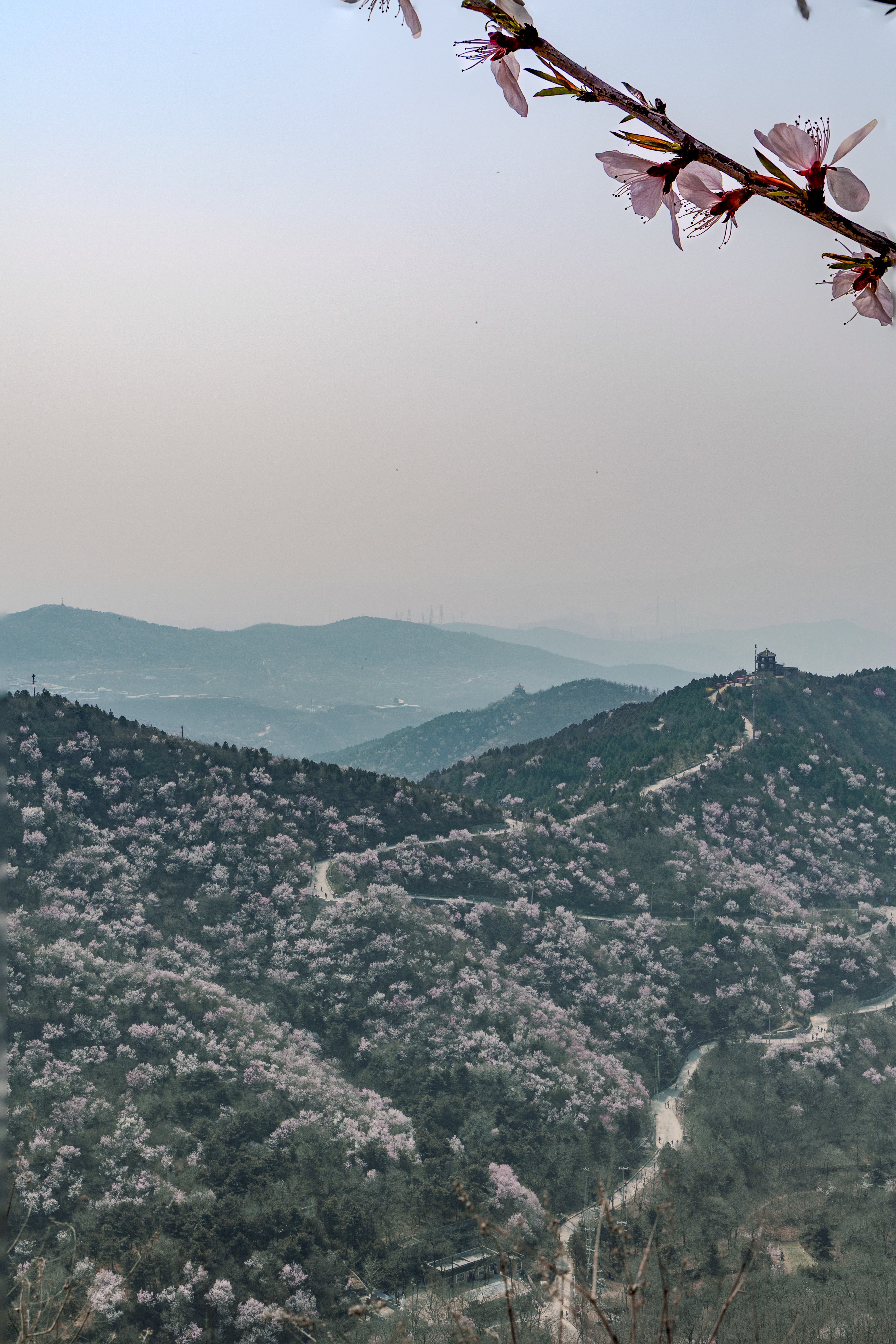 行过1107瞭望塔，下降中瞥见西山森林公园半绿半粉